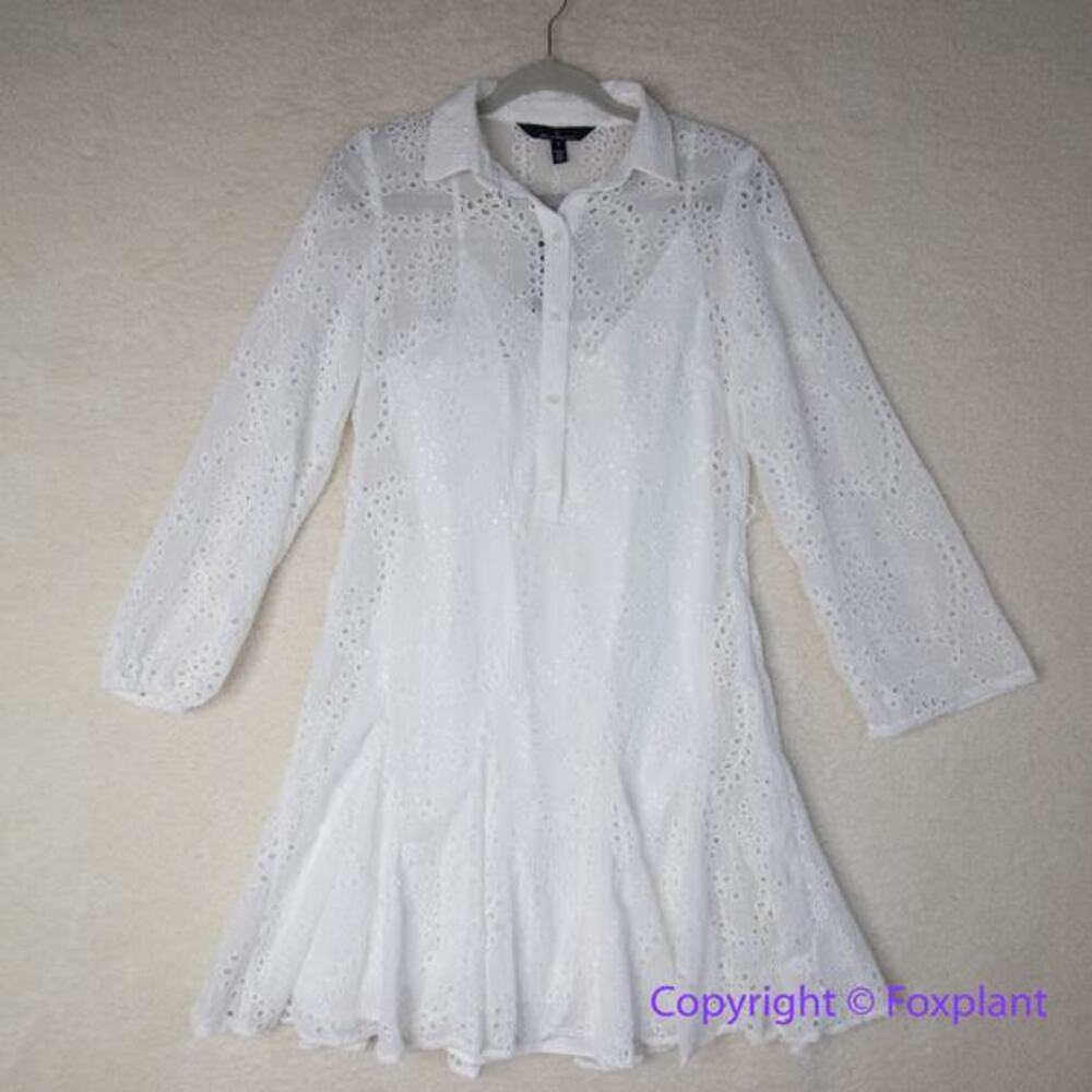 New! White House Black Market Long Sleeve Eyelet Shirt Dress mini ecru, size 6 - Picture 4 of 13